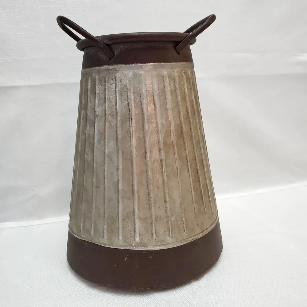 Farmhouse Chic Milk Can Galvanized‎ Metal Canister Vase Vtg Style W/Handles